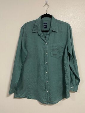 GAP Shirt Women’s Size XL Green Long Sleeve Linen Button up Blouse -FLAW
